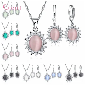 

AAA Zirconia Flower Pendant Opal Necklace Earrings Jewelry Sets For Women 925 Sterling Silver Link Chain Fine Jewelry