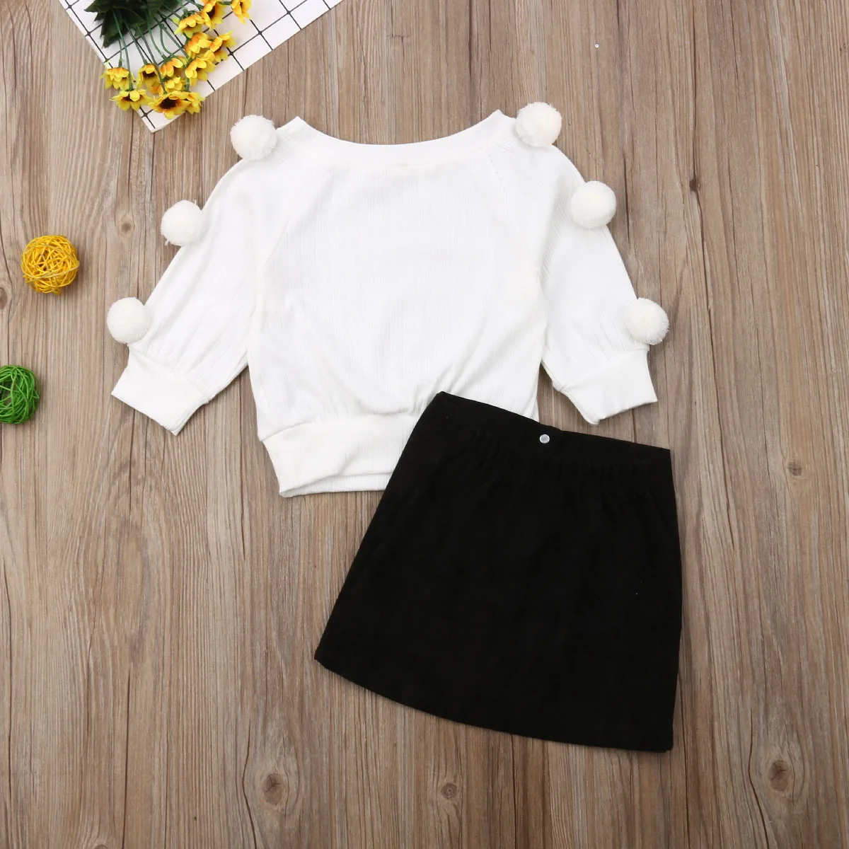 1-6Y Autumn Toddler Baby Kids Girls Clothes Sets Long Sleeve Hairball Knit Tops Sweater+Button Mini Skirt Warm Outfits Sets
