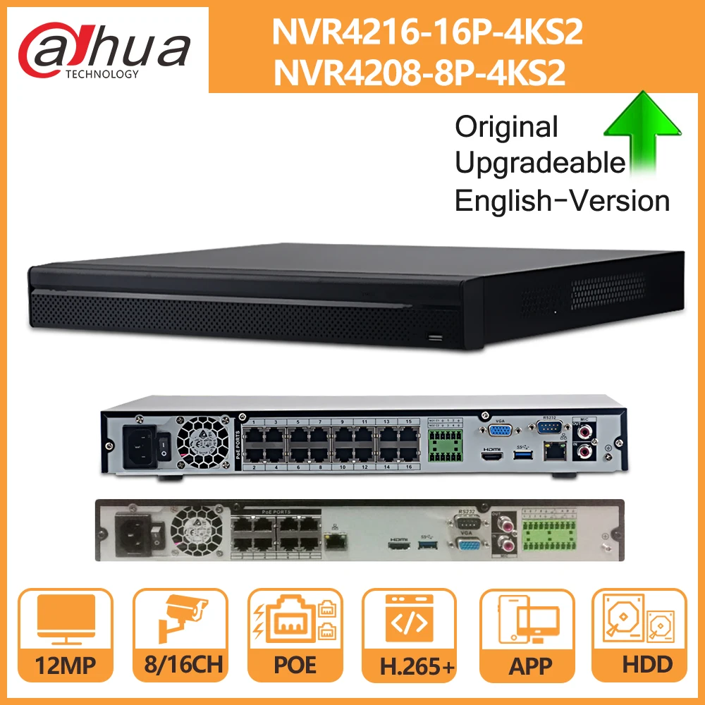  Dahua NVR 8CH 16CH 4K NVR4208-8P-4KS2 NVR4216-16P-4KS2 con HDD Port4K PoE H.265 2 SATA para IPC IP 