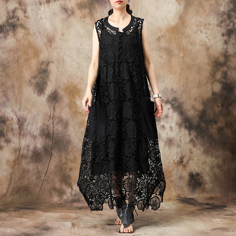 

[YaLee] New Fashion 2019 Spring Summer Round Collar Embroidery Hollow Irregular Dress Inner Sling Two Pieces Set Women Y175