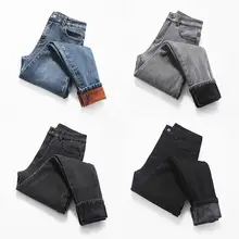 Джинсы бойфренда для женщин зимние джинсовые приталенные Стрейчевые штаны плюс бархатные джинсы с высокой талией женские уличные тонкие джинсы для мам Q1910