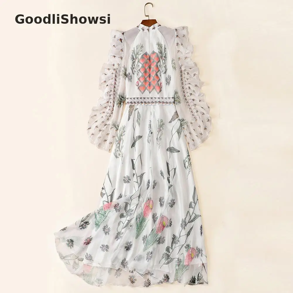 GoodliShowsi пляжное стильное платье для отдыха с цветочным принтом, с пышными рукавами и открытыми плечами, элегантные шифоновые платья с поясом, женское Макси платье