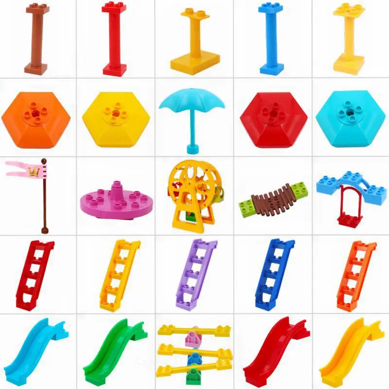 

Slide Swing Banner Umbrella Seesaw Pillar Figures Set Big Particles Building Blocks Compatible With Duplo Accessory Diy Kid Toys