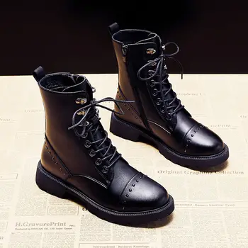 

Autumn Winter Flat Patent Leather Women's Short Boots All-match Plus Velvet British Style Short Non-Slip Motorcycle Boots