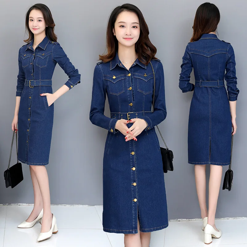 

Spring Summer Cowboy Skirt Korean-style 2019 Long-sleeved Dress Slim Fit Slimming Mid-length Cowboy Single Breasted Coat Women's