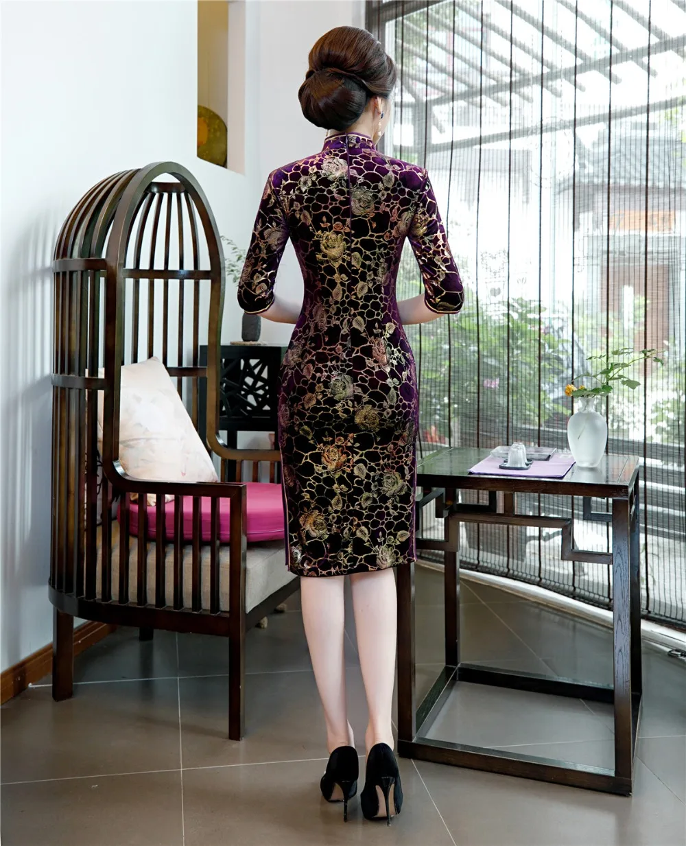 Шанхай история Половина рукава китайское традиционное платье Cheongsam Цветочная вышивка бархат Qipao китайское женское платье 3 цвета