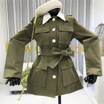 

2020 New Korean Fashion Lapel Slim Waist Lace-up Mid Long Jacket Multi Pockets Loose Overcoat Women Casual Jacket Coats