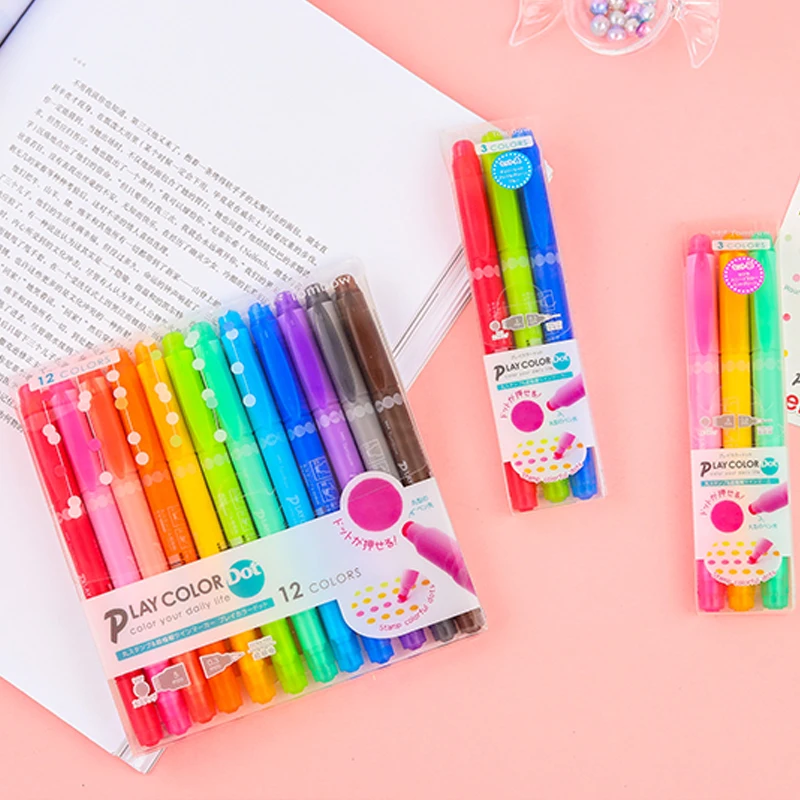 일본 TOMBOW 도트 펜, 더블 헤드 웨이브 포인트 컬러 펜, 귀여운 핸드북 다이어리, 크리에이티브 형광펜, 3/12 색 세트, 플레이 컬러 도트