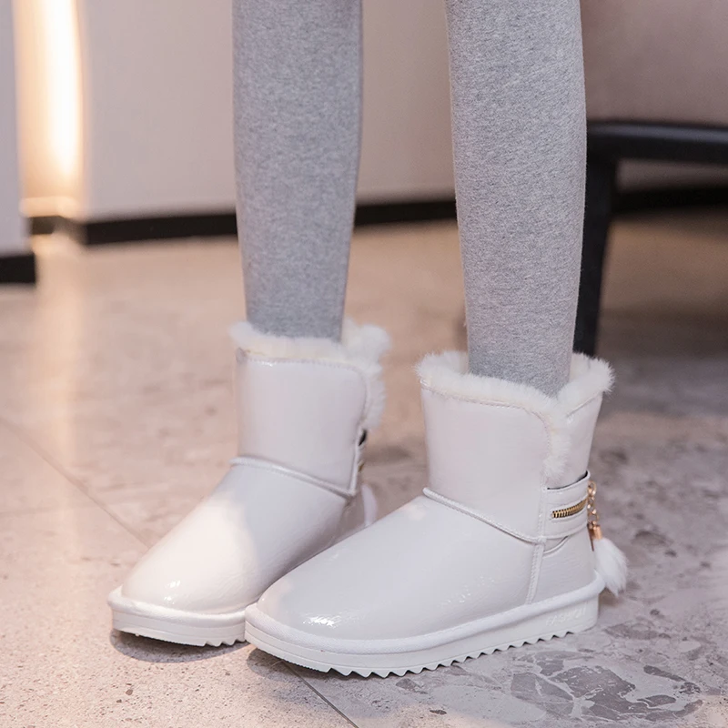 Big size 36-40 New warm snow boots women zipper platform boots solid color waterproof mid calf thick fur winter boots - Color: White