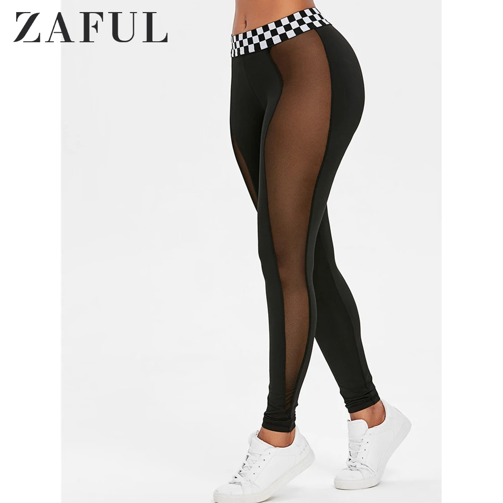 

ZAFUL Mesh Panel Contrast Waistband Leggings New Fashion Women Leggings Slim Elasticity Leggings Fitness Leggins Woman Pants