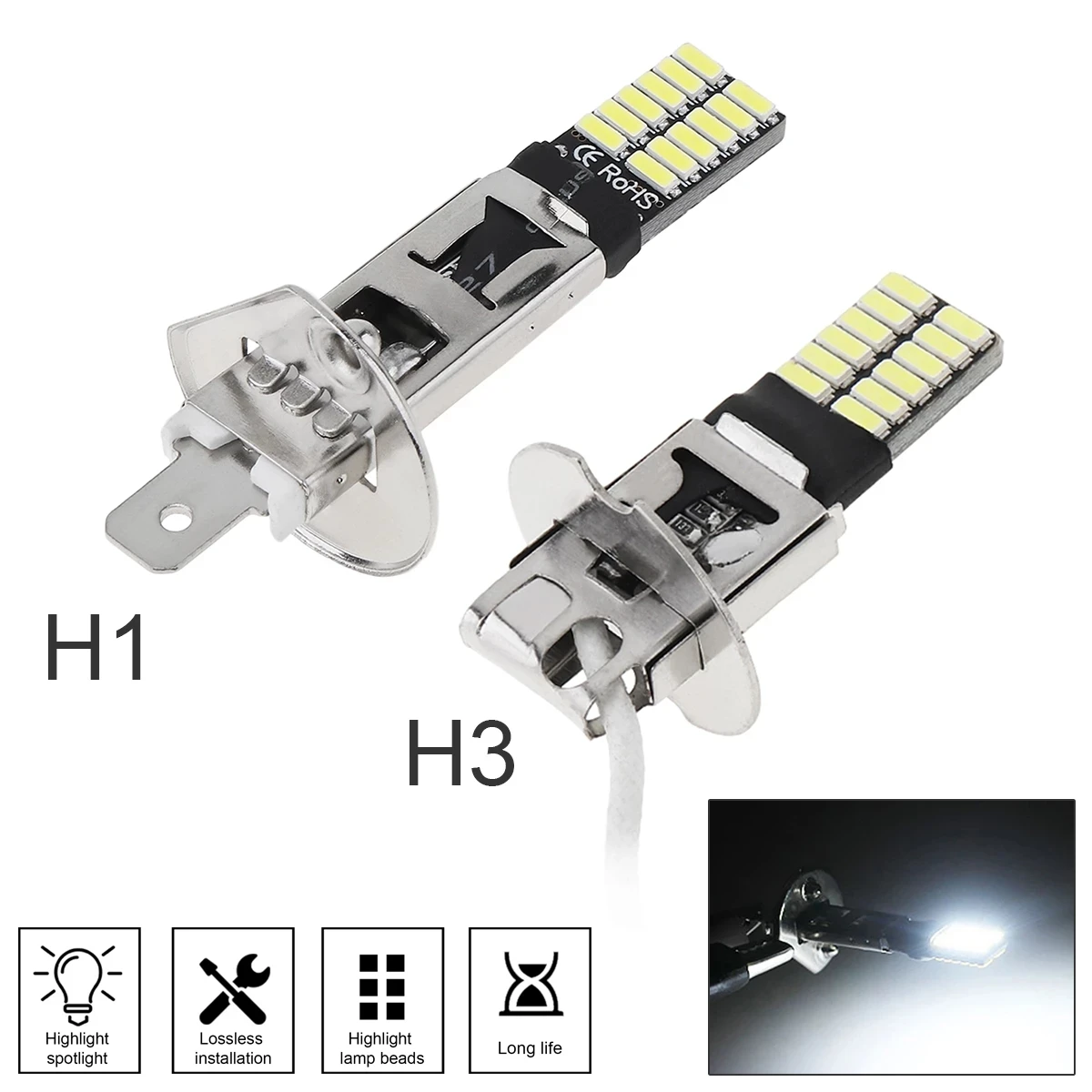 Универсальная Светодиодная лампа Canbus H1 H3 противотумансветильник фары 4014 24SMD 12 В