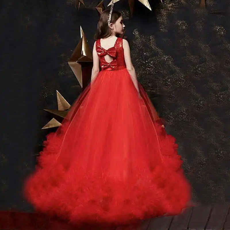 Красное Новогоднее платье для девочек; элегантное платье принцессы с блестками и открытой спиной; дизайнерские платья без рукавов для выпускного вечера; Модные Длинные Пышные Платья из тюля