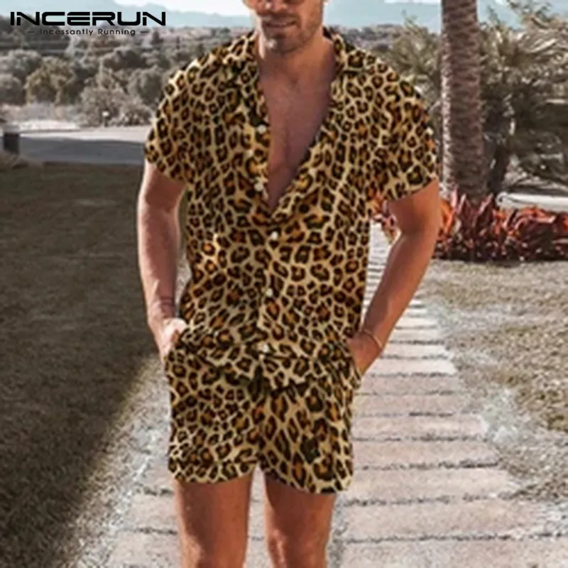 Suits Beach-Shorts INCERUN Shirt Men-Sets Streetwear Leopard-Print Mens Fashion Summer