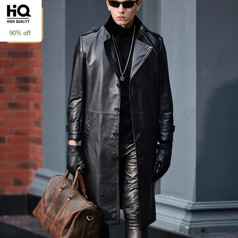 

Men Genuine Leather Trench High Quality Cowhide Black Long Jackets 2020 Fashion Business Casual Real Leather Coats Windbreaker