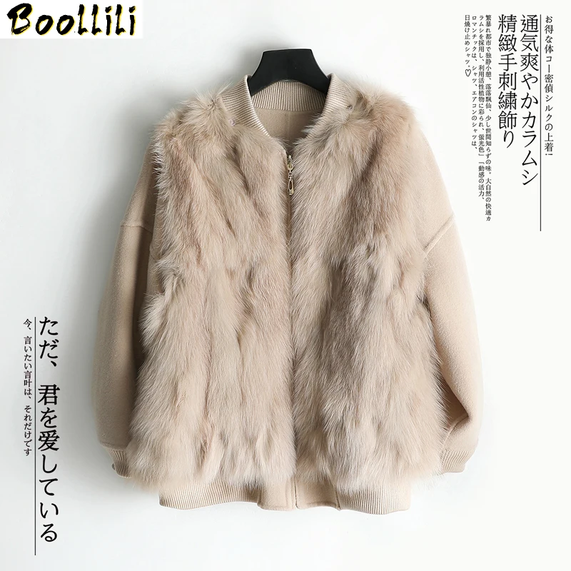 

Boollili Real Fur Coat Female Natural Fox Fur Collar Wool Coat 2020 Autumn Winter Jacket Women Alpaca Woolen Coats veste femme
