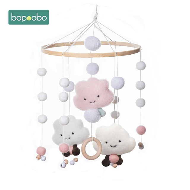 Bopoobo 1set Silicone Beads Baby Mobile Beech Wood Bird Rattles Wool Balls Kid Room Bed Hanging Decor Nursing Children Products Pink Cloud