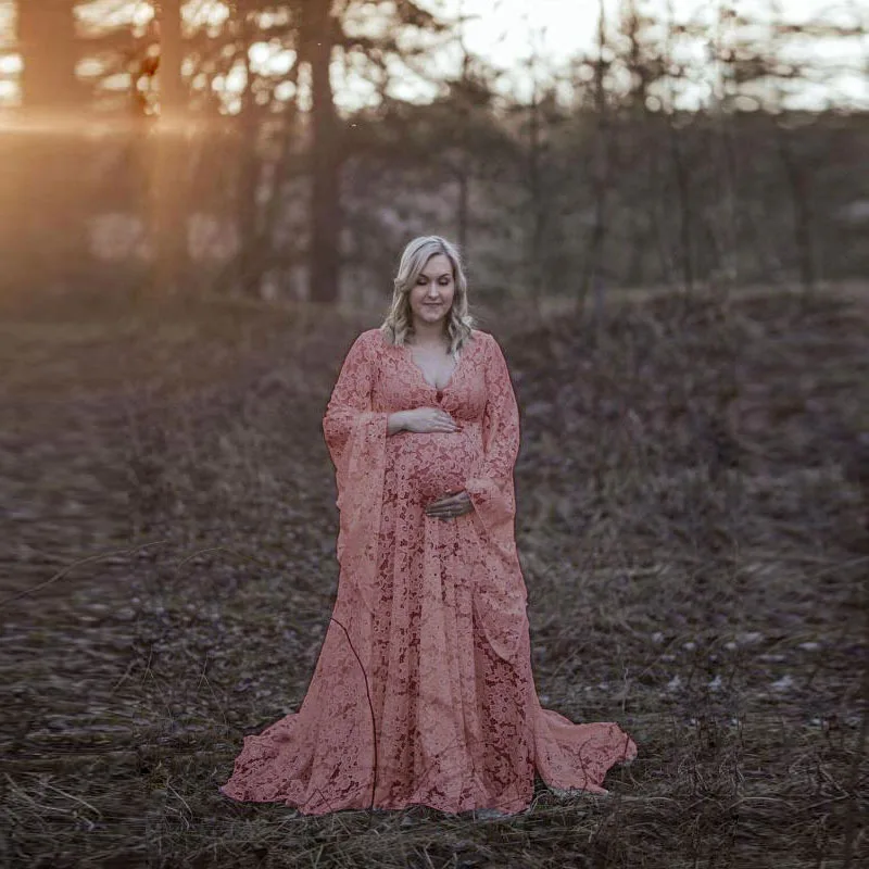 Vestido feminino de maternidade com renda, vestido de gola v, roupa longa fotográfica, estilo sexy, nova moda