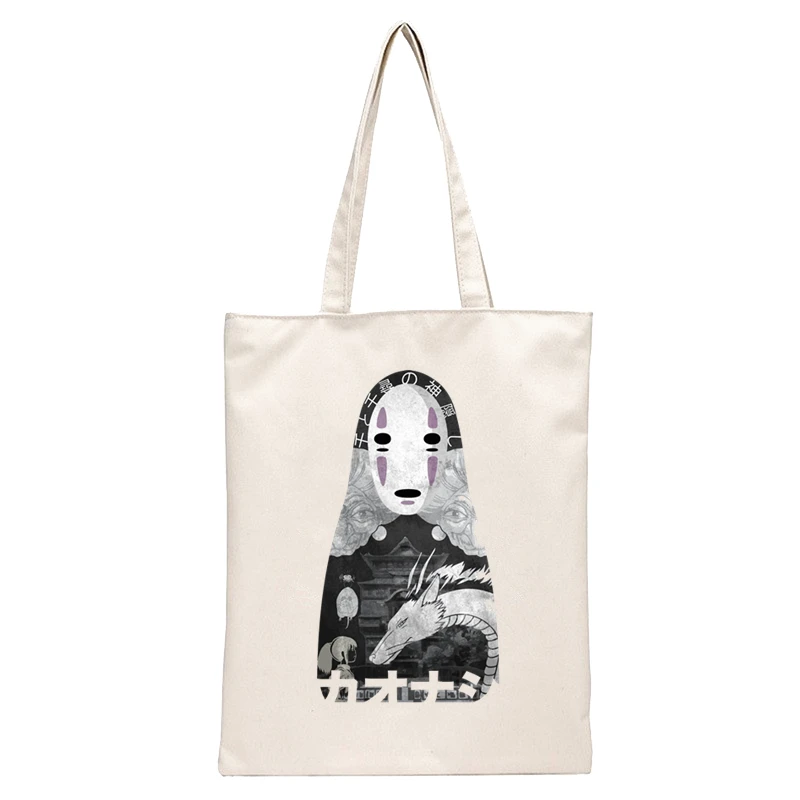 Spirited Away Faceless  Print Reusable Shopping Bag Women Canvas Tote Bags Printing Eco Bag Cartoon Shopper Shoulder Bags