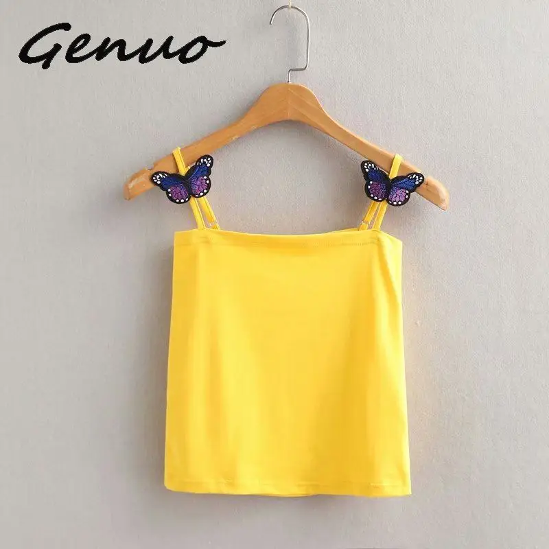 Лето Unif милый ретро винтажный Топ 90s вышивка фиолетовая бабочка короткий бандаж обрезанный облегающий Топ женский - Цвет: Цвет: желтый