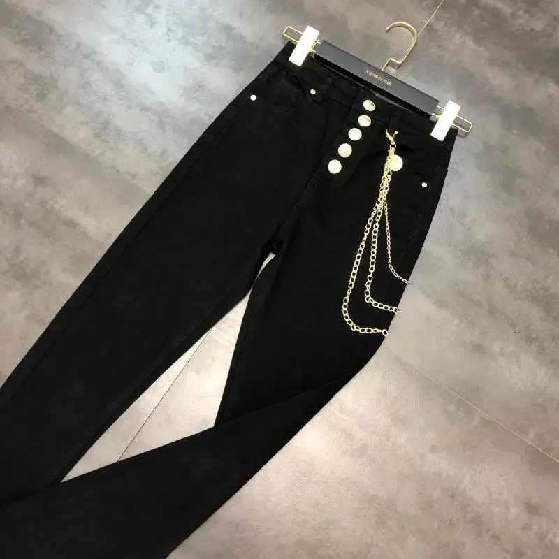 new autumn gold chain waist chain solid color stretch Slim jeans women