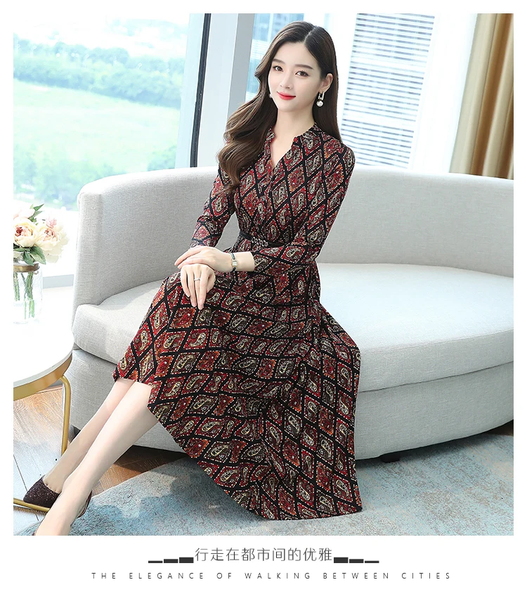 Plus Size Autumn Winter Long Sleeve Dresses 2020 Vintage Print Boho Casual Midi Dress Elegant Women Bodycon Party Maxi Vestidos