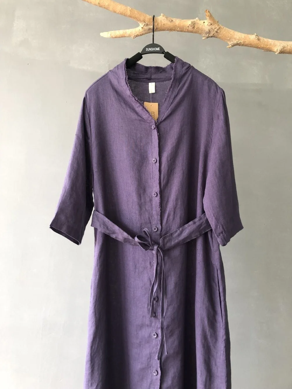 

2019 New Women's Retro Dress Single-breasted Cardigan Dress V-neck with Belt Linen Temperament Dress Split Design Dress