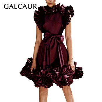 

GALCAUR Bowknot Ruffle Women's Dress O Neck Sleeveless High Waist Lace Up A Line Dresses Female 2020 Spring Clothes Fashion New
