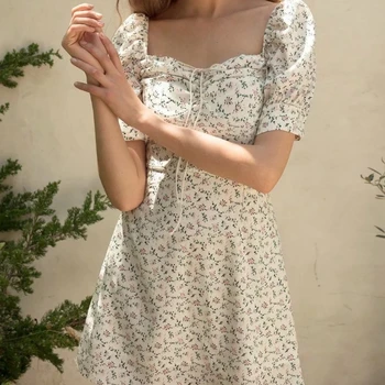 

Trendy Women's Clothing 2020 French Square Neck Floral White Print Waist Puff Sleeve Mini Short Sleeve A Line Small Flower Dress