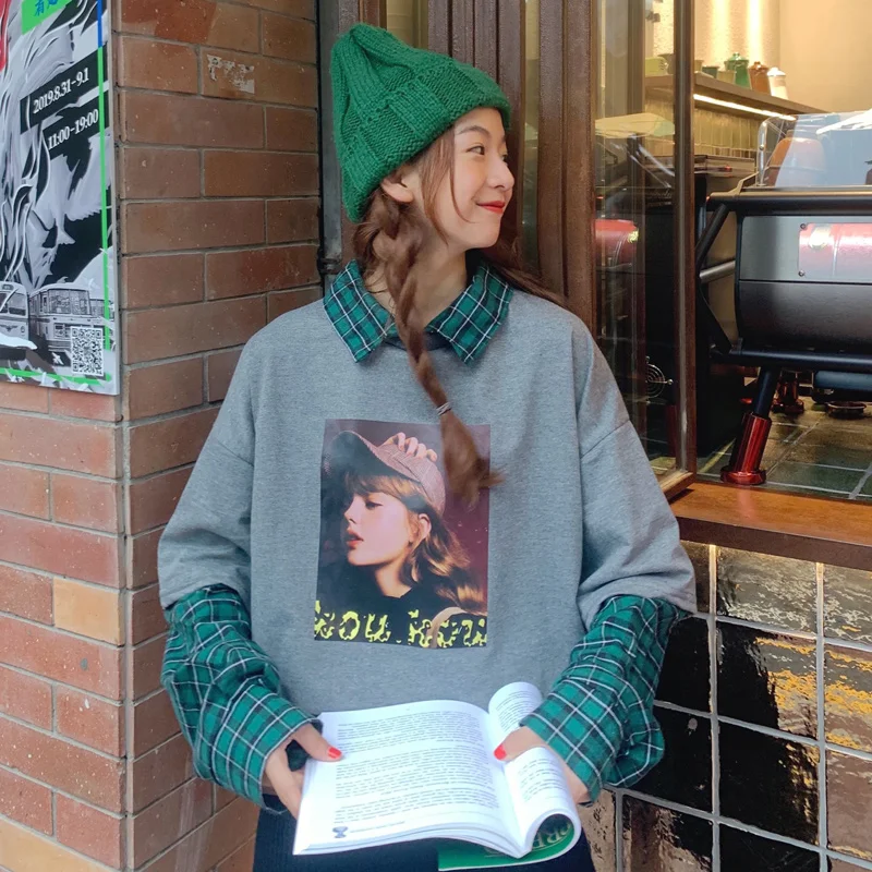 Толстовки женские в стиле пэчворк в Корейском стиле Harajuku с отложным воротником в стиле хип-хоп Студенческая модная Женская одежда оверсайз пуловер для отдыха - Цвет: gray