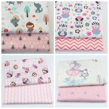 

2PCS Owl Pink Wave Printed Twill Fabric For Baby Patchwork Sewing Quilting Fat Quarters Fabric Bundles