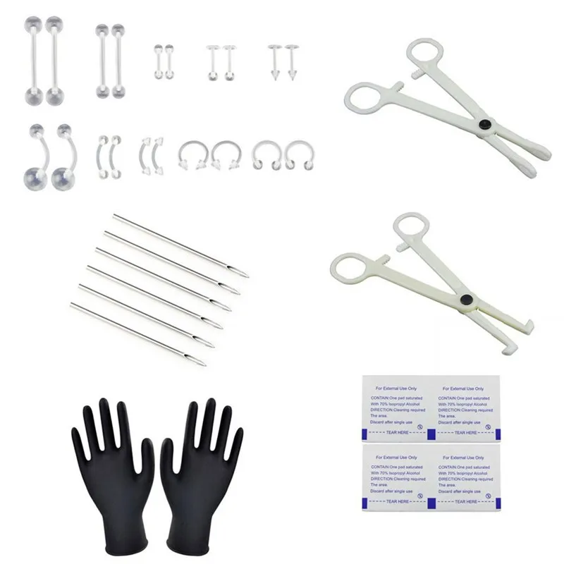 28PCS/Set New Body Piercing Kits Puncture With Ear Nose Eyebrow Sets Plier Piercings Clamp Steel Needles Tool Kit Set