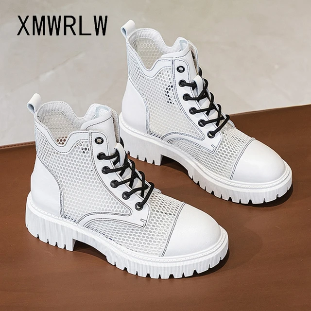 XMWRLW Breathable Mesh Women Summer Boots Fashion Lace up Shoes High Heels Boots For Women Summer Shoes Genuine Leather Boot 6