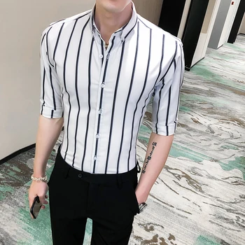 

2020 Summer Men Striped Shirt Half Sleeve Fashion Business Formal Wear Social Shirts Men Slim Fit Casual Blouse Mens Clothing