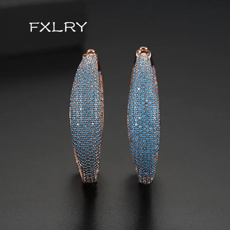 

FXLRY new Retro pop Europe and the United States rose gold micro inlaid zircon exaggerated Blue zircon earrings Bridal Wedding J