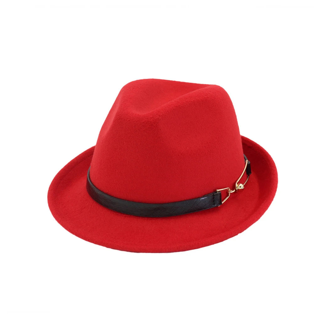 Red Women Men Fedora Hat With Leather Belt Elegant Lady Party Hat Panama Hat - Цвет: Red