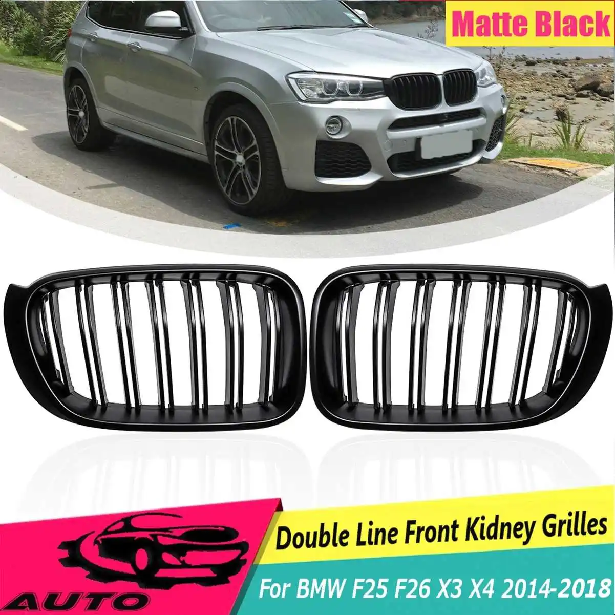 

Car Front Grill For BMW F25 F26 X3 X4 2014 2015 2016 2017 2018 Car Styling Gloss Matt Black M Color 2 Slat Line Replacement