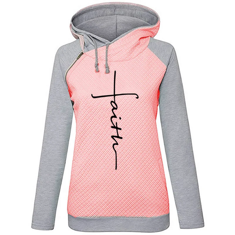  Autumn Winter Patchwork Hoodies Sweatshirts Women Faith Cross Embroidered Long Sleeve Sweatshirts F