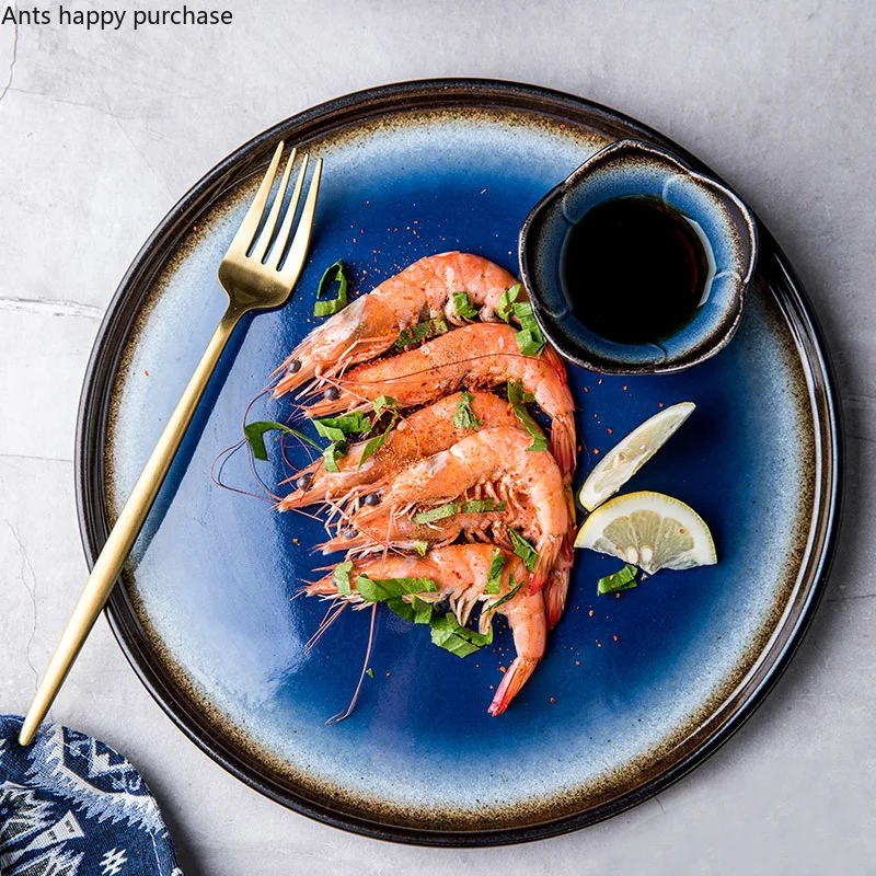 Креативная Скандинавская керамическая тарелка синяя Бытовая керамика обеденная посуда тарелка с вестерном современные декоративные для дома украшения