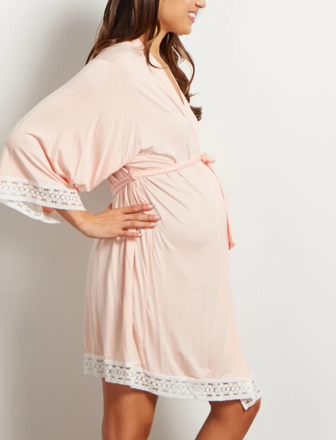 Maternity Robe Nightwear Lace Trim Half Sleeve Nightgown Sleepwear Breastfeeding Pajamas Pregnancy Labor Delivery Nursing Pijama (1)