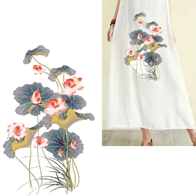 

Lotus Lily Print Flower PVC Washable Patches Iron-on Transfers for Clothing Stripe Iron on Dress Sticker on Clothes Applique DIY