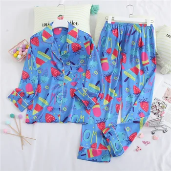 

Smmoloa Ladies Sexy Satin Pajamas Set Long Sleeve Top+Pants Sleepwear Printing Autumn Female Home Wear