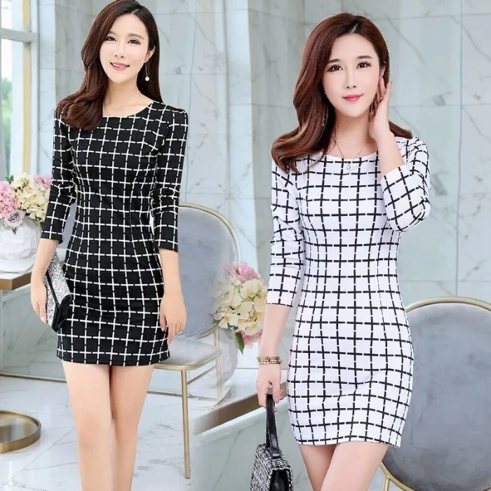 

2019 Autumn New Style French Retro Plaid Skirt Loose-Fit Mid-length Long-sleeved Dress Online Celebrity WOMEN'S Dress