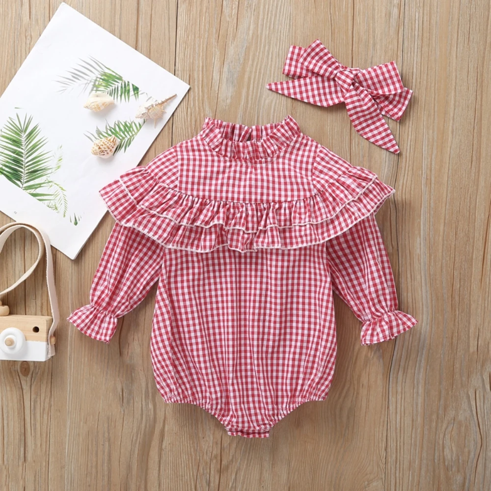 Baby Girl Bodysuit Toddler Newborn Autumn Clothes Long Sleeve Red Black Plaid Ruffle Jumpsuit Clothing Headband Outfits - Цвет: Красный