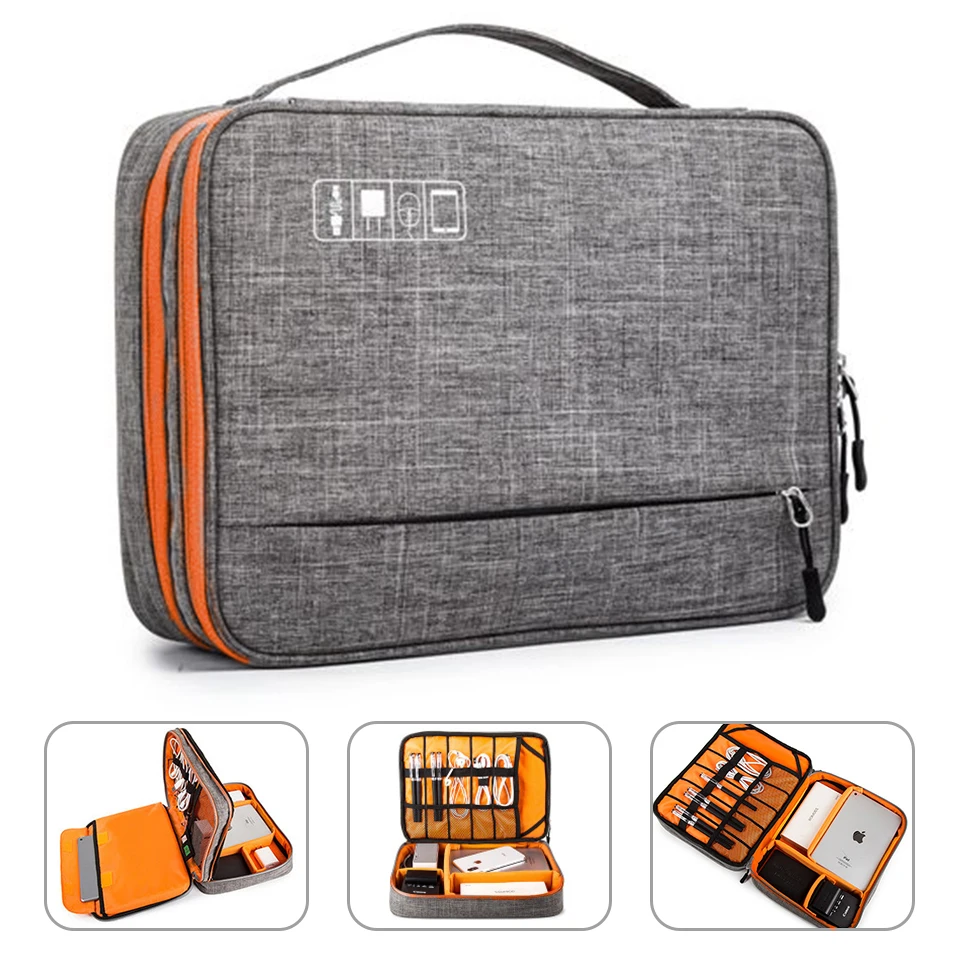 Comprar Bolsa de almacenamiento de accesorios electrónicos de doble capa con espacio separado y tiras de separación funda organizadora portátil para iPad, discos duros, Cables,