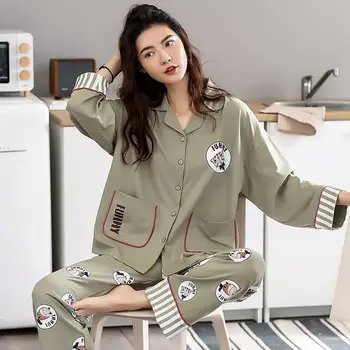 

Long Pants + Long Sleeve Tops Pajamas Sets Cotton Nightwear Big Yards M-3XL Cartoon Pyjamas Women Summer Sleepwear 2pcs/set