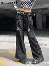 Weekeep Gothic Lace Up Flared Pants Women Casual Streetwear Baggy Low Waist Punk Style Chain Fashion Trousers Y2k Basic Bottoms