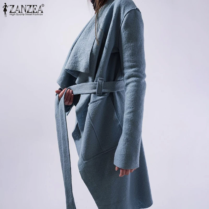 ZANZEA, осень, женские куртки, модные, дамские, отложной воротник, карманы, пальто, элегантные, с поясом, верхняя одежда, Chaqueta Mujer