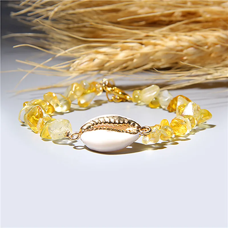 Irregular Natural Turquoises Stone Chip Beads Bracelet Crystal Quartz Cowire Shell Charm Bracelet For Women's Jewelry Gifts - Окраска металла: Citrine