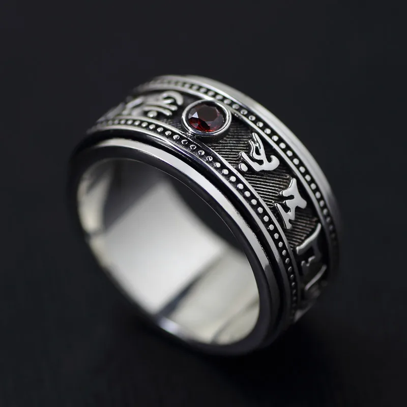 

Silver Color Six Word Truth Rings For Men Women 360 Rotatable Red Zircon Jin Gangchu Buddhism Rings Retro Good Lucky Jewelry
