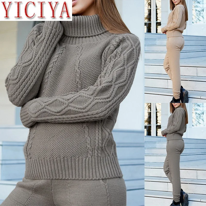 

gray 2 Piece Set Tracksuits for Women Knitted Sweater Suits Wool Warm Outfits Sets Turtleneck Pant Women Autumn Winter co-ord